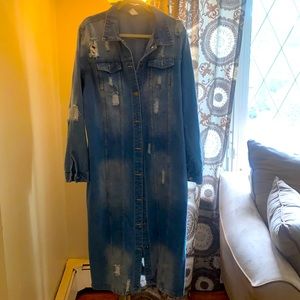 Long distressed denim jacket.